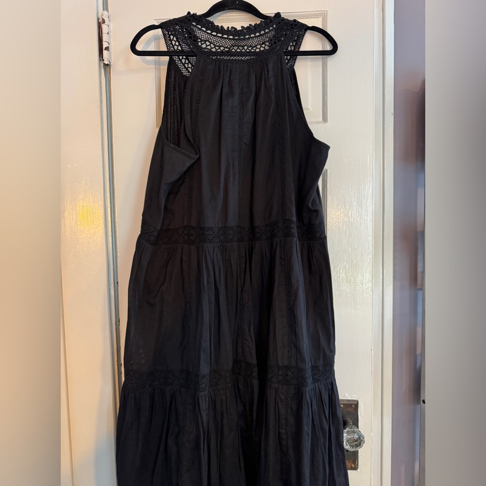 Sundance | Black Lace Trim Midi Dress | pockets